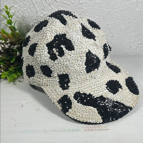 JC Sequin Black and White/ Cream Hat Elastic Back Cowhide or Dalmatian Pattern - Picture 4 of 14